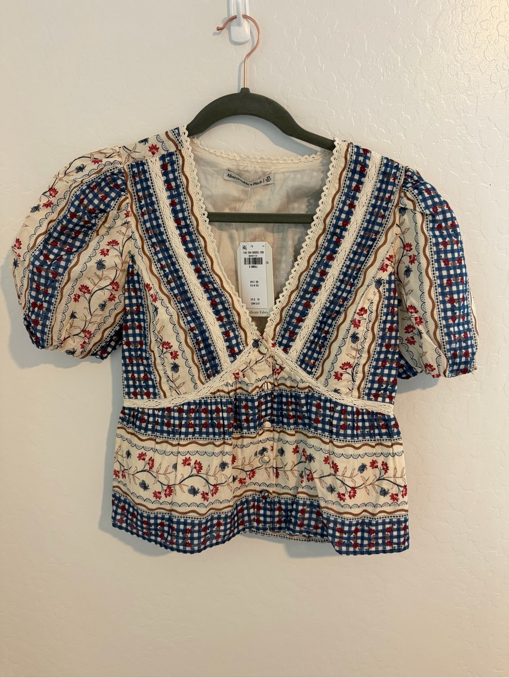 Abercrombie & Fitch Cream Peasant Top with Blue & Red Embroidery